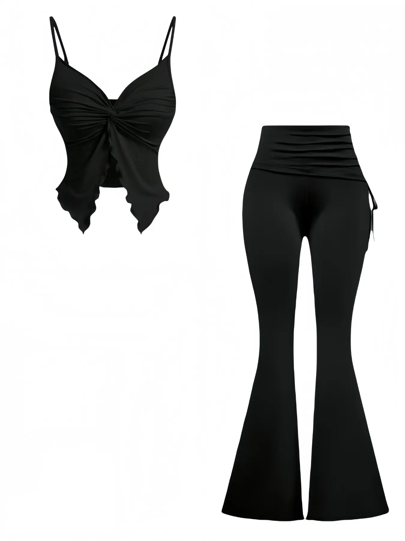 Adjustable Strap V-Neck Ruched Knot Wooden Trim Split Hem Slim Fit Halter Top, Drawstring Leg Shaping Wide Leg Pants Two-Piece Set