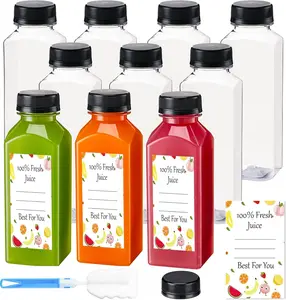 10Pcs 12oz Clear Reusable Plastic Juice Bottles with Caps - Home Storage Beverage Containers, Home Organiser Kit with 10Pcs Labels & Bottle Brush