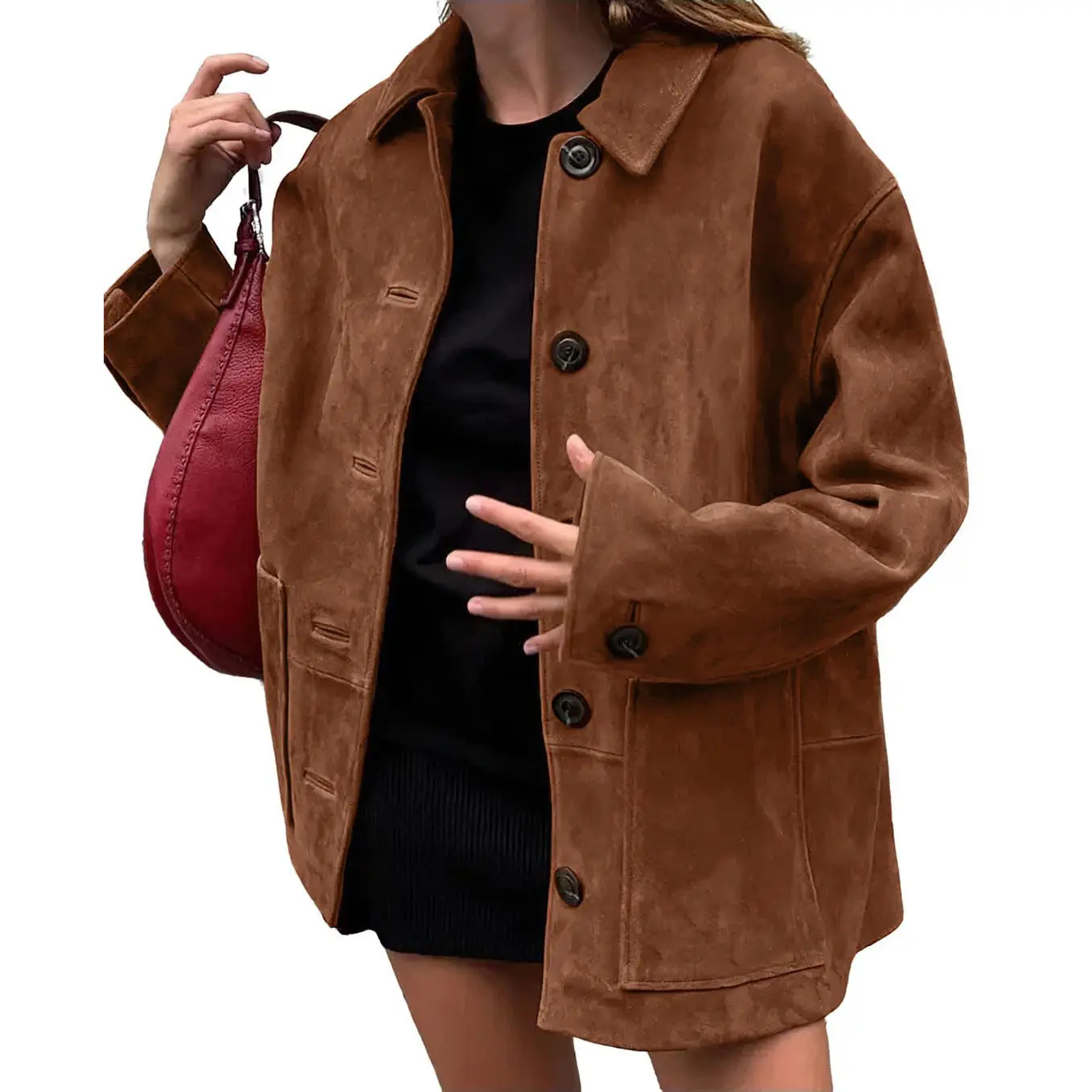 Chouyatou Women Fall Boyfriend Faux Suede Midi-Length Button-Up Shacket Casual Outerwear Jacket for Autumn