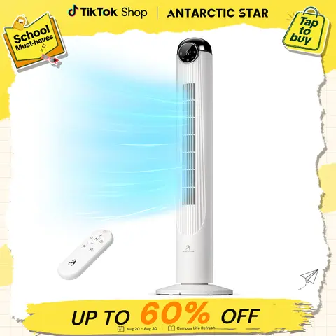 【BackToSchool】Antarctic Star T42 Tower Fan for Bedroom, 2026 Upgraded DC Motor, 26ft/s High Velocity, 22dB Ultra Quiet Standing Fan, 6 Speeds 4 Modes, 90° Oscillating Bladeless Fan with 9H Timer, Floor Fans with Remote, White