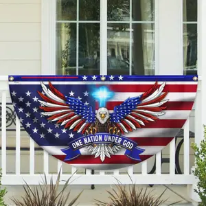 One Nation Under God Patriotic Eagle Polyester Bunting Banner, American Flag Bald Eagle Half Round Porch Banner, Fourth of July Independence Day Porch Fence Railing Patriotic Outdoor Decor