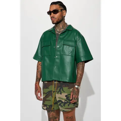 High Stepper Faux Leather Button Up Shirt - Hunter