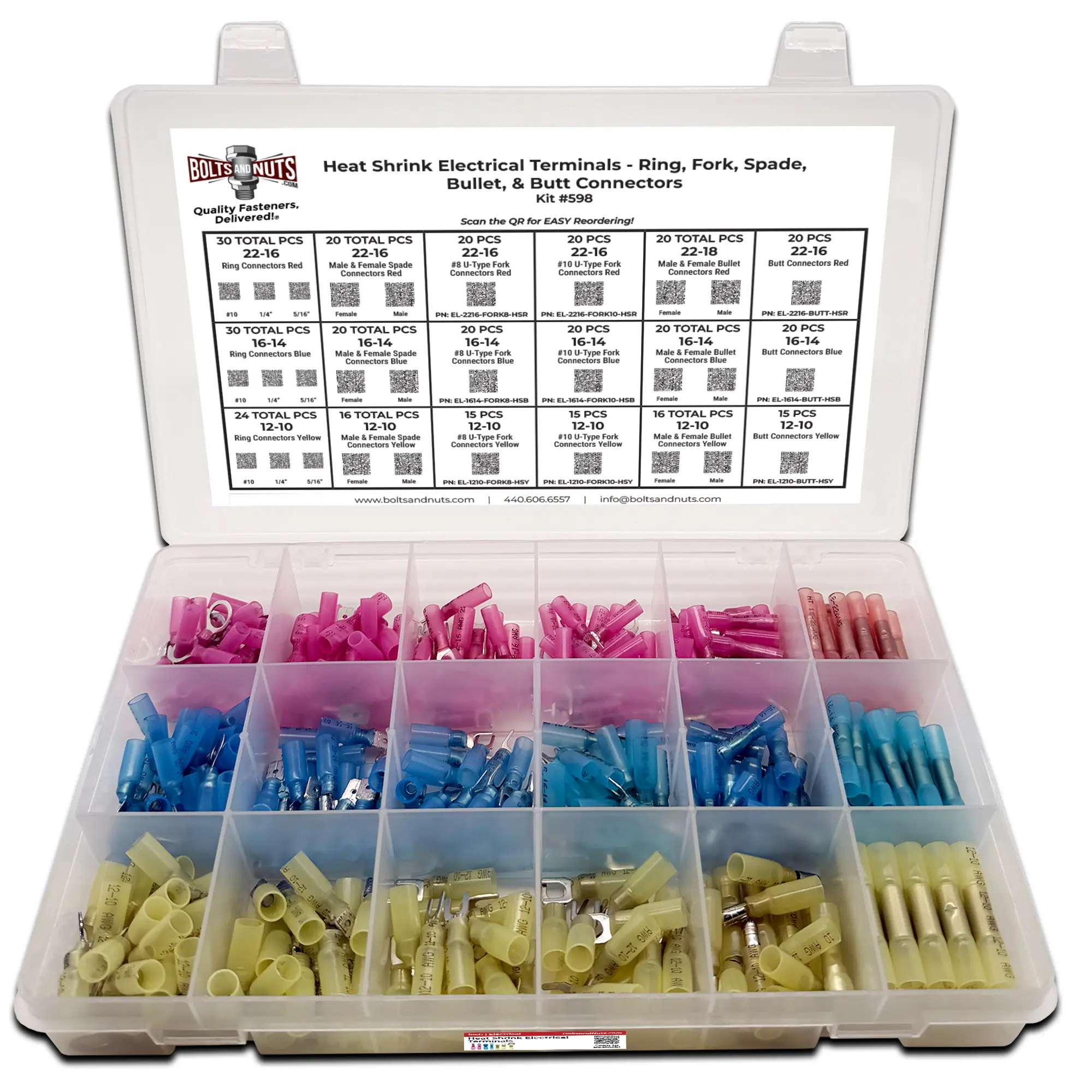 Assortment Kit #598 (362Pcs.) Heat Shrink Electrical Terminals w/ 18 Hole Plastic Bin
