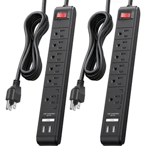 [ETL Listed]  2-Pack 6-Outlet Surge Protector Power Strip with USB Ports - 8ft, Long Extension Cord, Surge Protector with USB Ports, Black