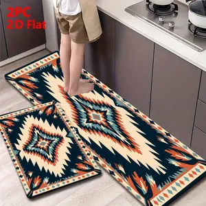 2/3 Piece Soft Flannel Kitchen Mat Set, Boho Aztec Geometric Design, Non-Slip, Absorbent, Home Decor