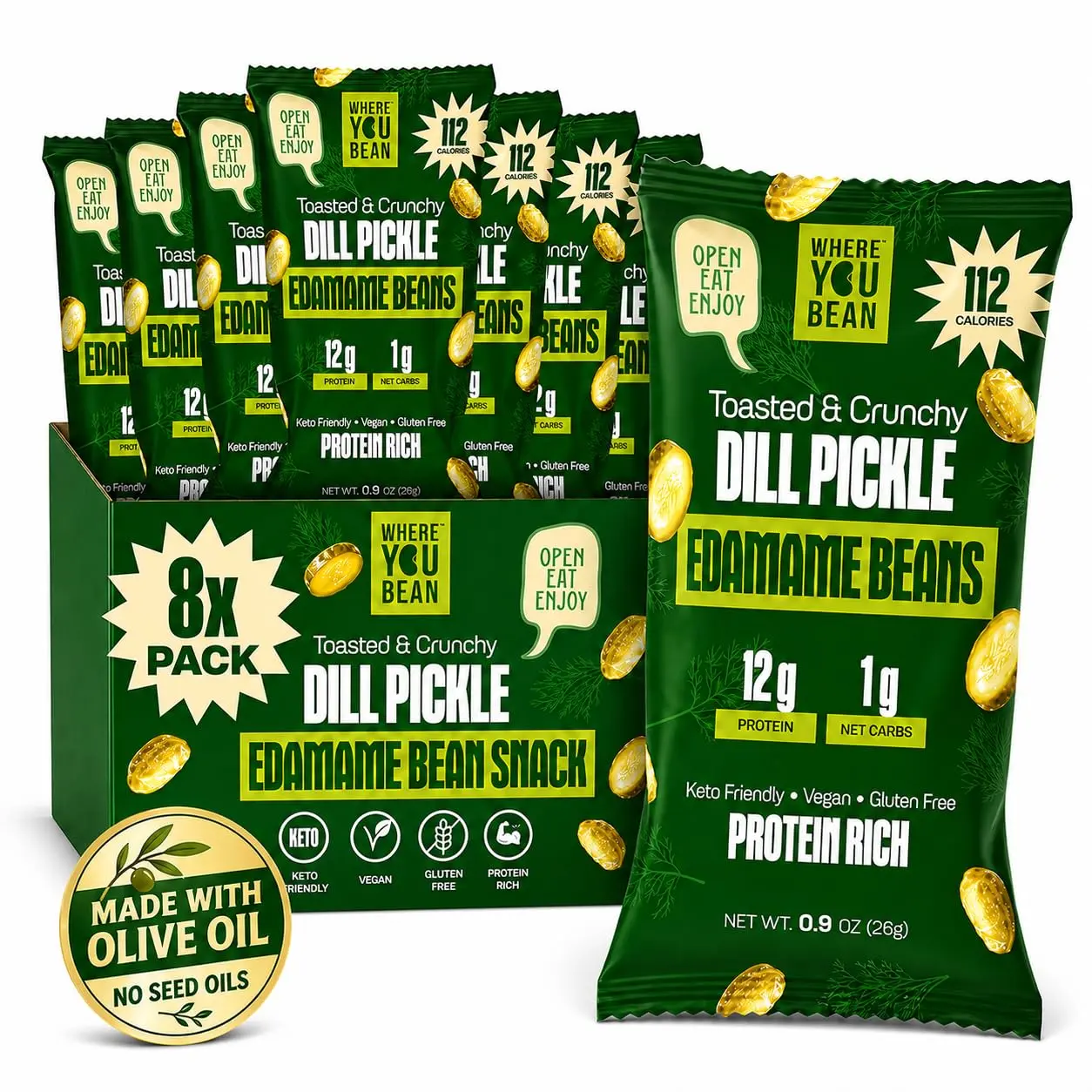 Where You Bean Dill Pickle Roasted Edamame Beans, Crunchy Plant-Based Protein Snack, Keto-Friendly, Vegan, Low-Carb, 0.9 oz, 8-Pack