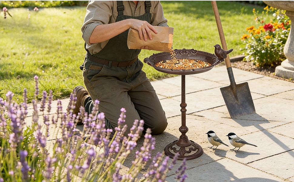 Sungmor Vintage Cast Iron Birdbath for Outside,15.6" Tall Bird Feeder with Adorable Bird Statue,Freestanding Oval Water Bowl,Distressed Brown Finish