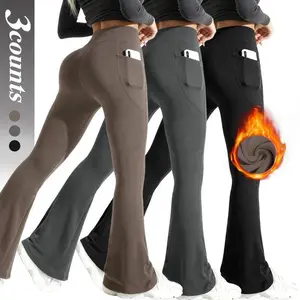 Women's Fleece-Lined Flare Pants – High Waist Butt-Lifting Yoga Pants with Two Pockets, Soft Warm Bottoms for Fall & Winter(Top Sets)