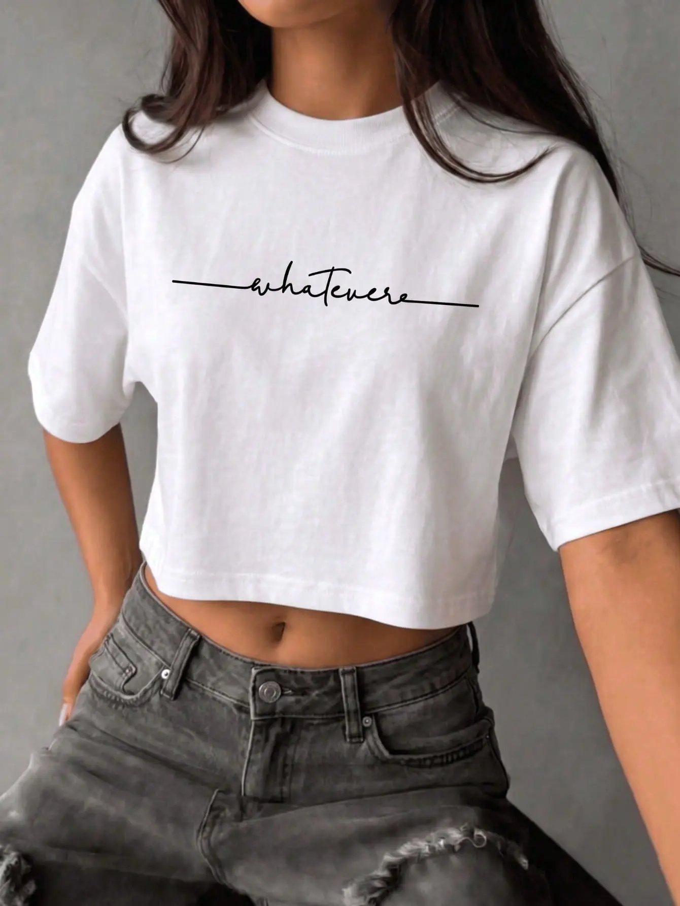 Women's Vintage Letter Print Crop T-Shirt, Heavyweight Shortsleeve Top with Seamless Drop-Shoulder in Breathable Cotton Fabrics, Fitted, Tshirt, Everyday, Streetwear, Soft