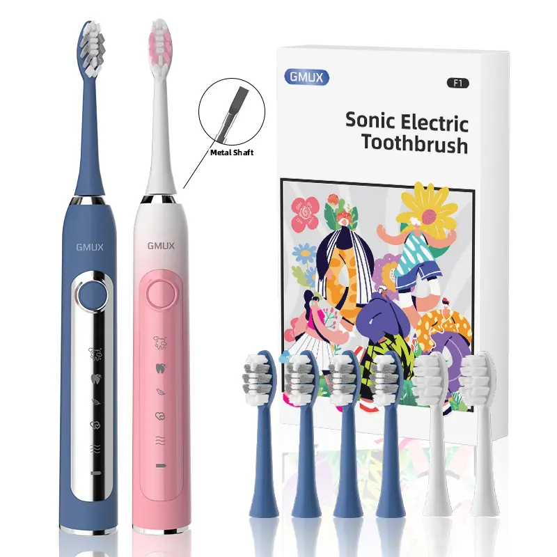 GMUX IPX8 Sonic electric toothbrush, includes 6 replacement brush heads, metal shaft, smart timer, adult electric toothbrush, USB charging, suitable for family use, great as a gift for friends