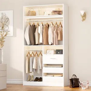 Freestanding Closet System With 3 Drawers - 3FT Wood Closet Organizer System With 2 Hanging Rods And 3 Shelves, Built-In Garment Rack, 36" L X 16" W X 80" H