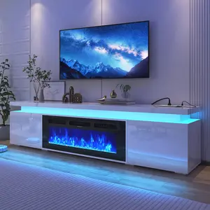 71 Inch/83 Inch/90 Inch LED TV Stand with fireplace for 70/75/80/85/90/95/100 inch TV , Modern TV Stand with Power Outlet, High Gloss TV Console Entertainment Center with Storage for Living Room (White/Black)