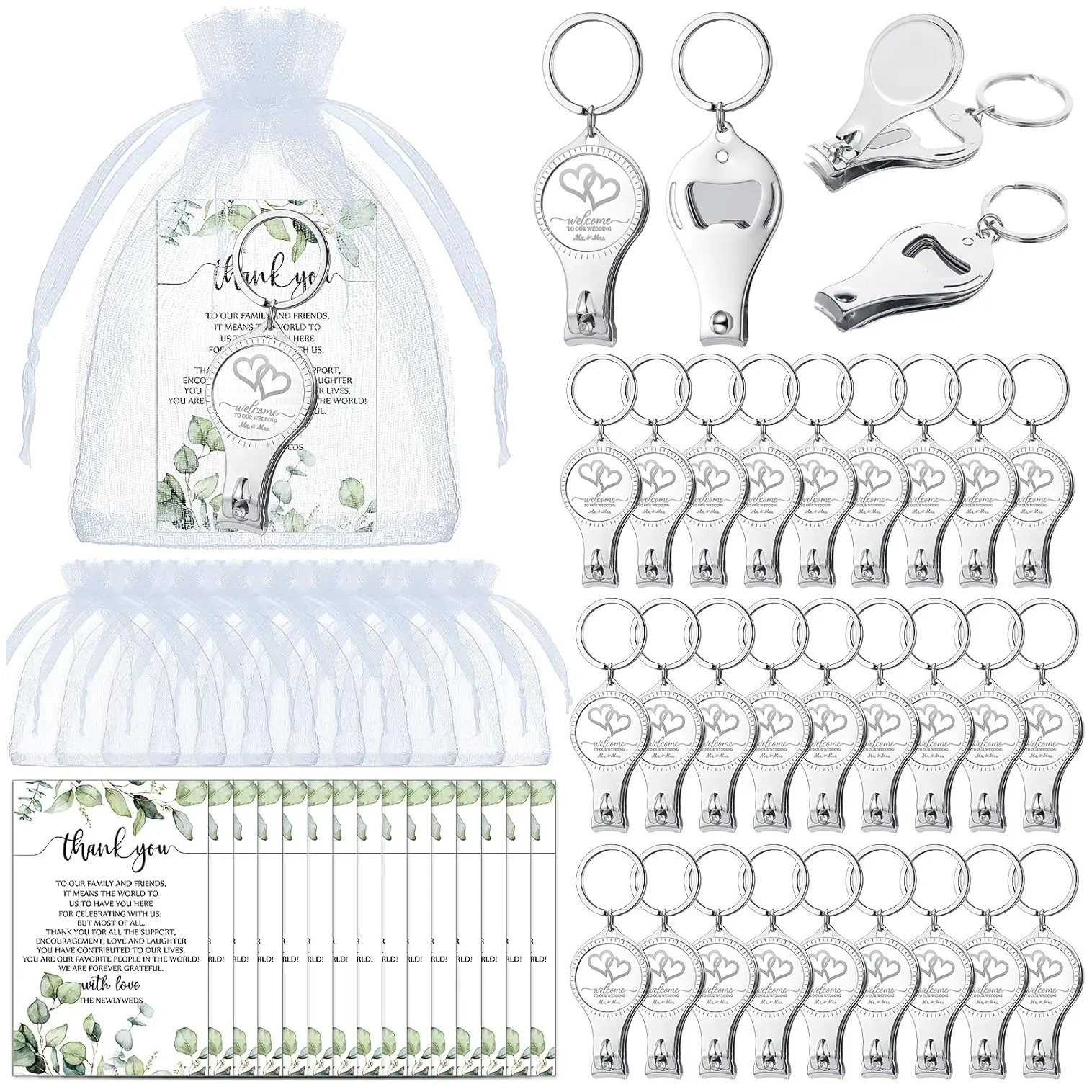 20 Set Party Gift Suit for Guests Bottle Opener Nail Ciper Gifts Thank You Cards and Organza Bag Guest Souvenirs for Wedding Party Favor, Bridal Shower,Baby Shower,Birthday Party