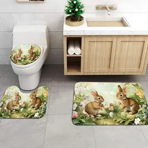 3-Piece Rabbit Floral Bathroom Mat Set, U-Shaped Toilet Pad + Foot Pad + Lid Cover Pad, Non-Slip Home Use, Casual Style, Bathroom Rug Set, Bathroom Accessory