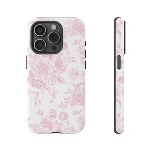 [New Product] French Toile De Jouy Tough Phone Case, Light Pink And White Floral Tough Phone Case For IPhone 15Pro, 14, 13, 12, 11, 8, XR Mini, Pro Max, Plus Accessories Protection Flower Case Compatible With Samsung Galaxy S25