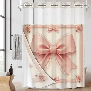 1pc 2D Flat Printing hookless shower curtain hanger liner Pink Bow Decorative Painting Fabric waterproof lining shower curtain with transparent window, double-layer shower curtain, 71 x 74 inches, modern home curtain decoration