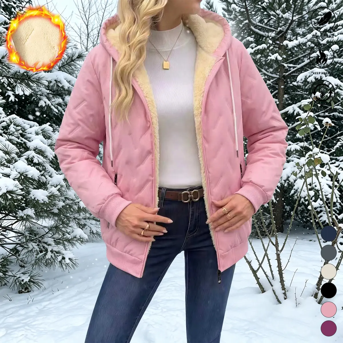 Women’s hooded thick fleece jacket, thickened winter outerwear, fleece lining jacket with side pockets, casual outdoor windproof jacket, suitable for autumn and winter, fashionable cold-resistant jacket