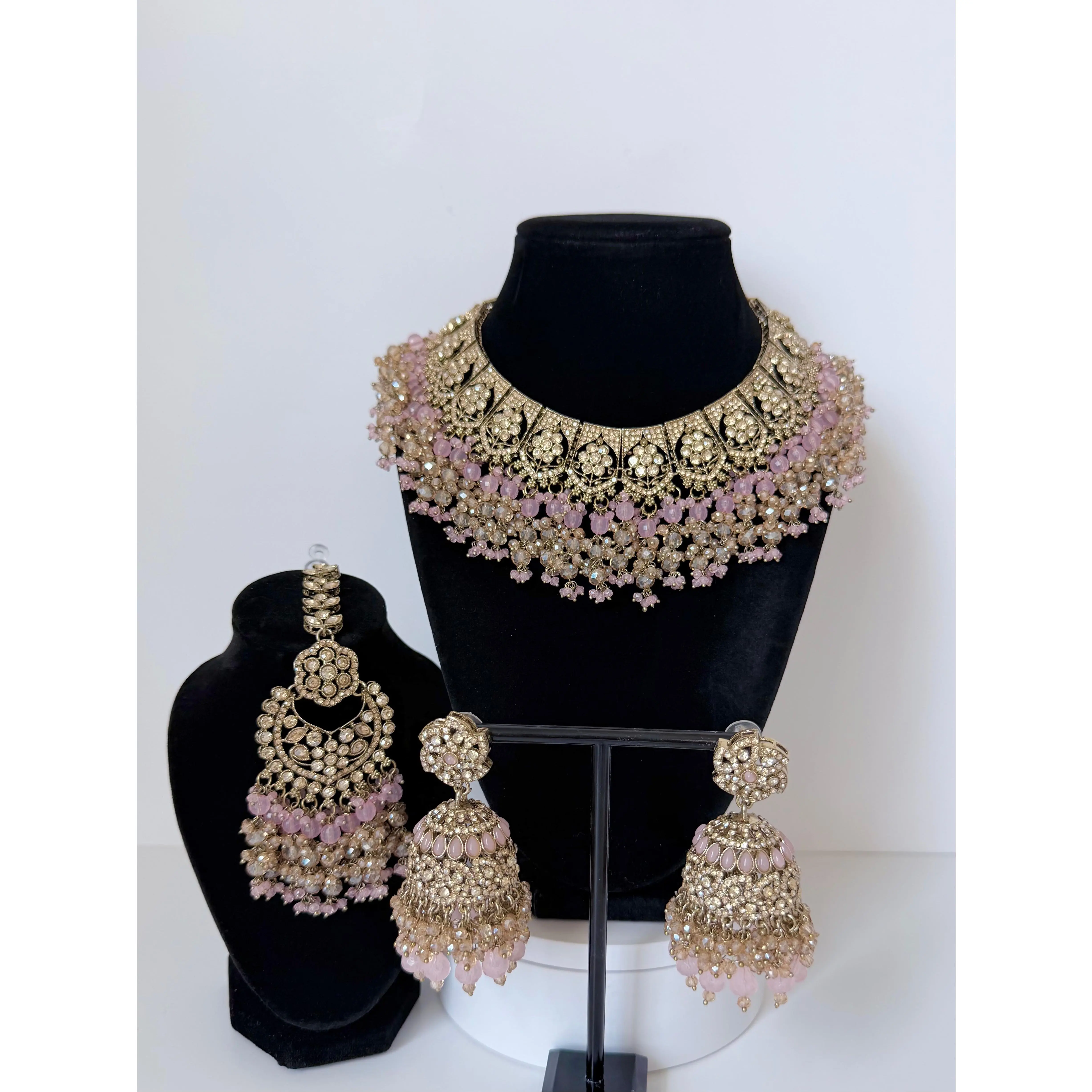 Bollywood Delina Stonework Necklace set with Jhumka and Mangtika