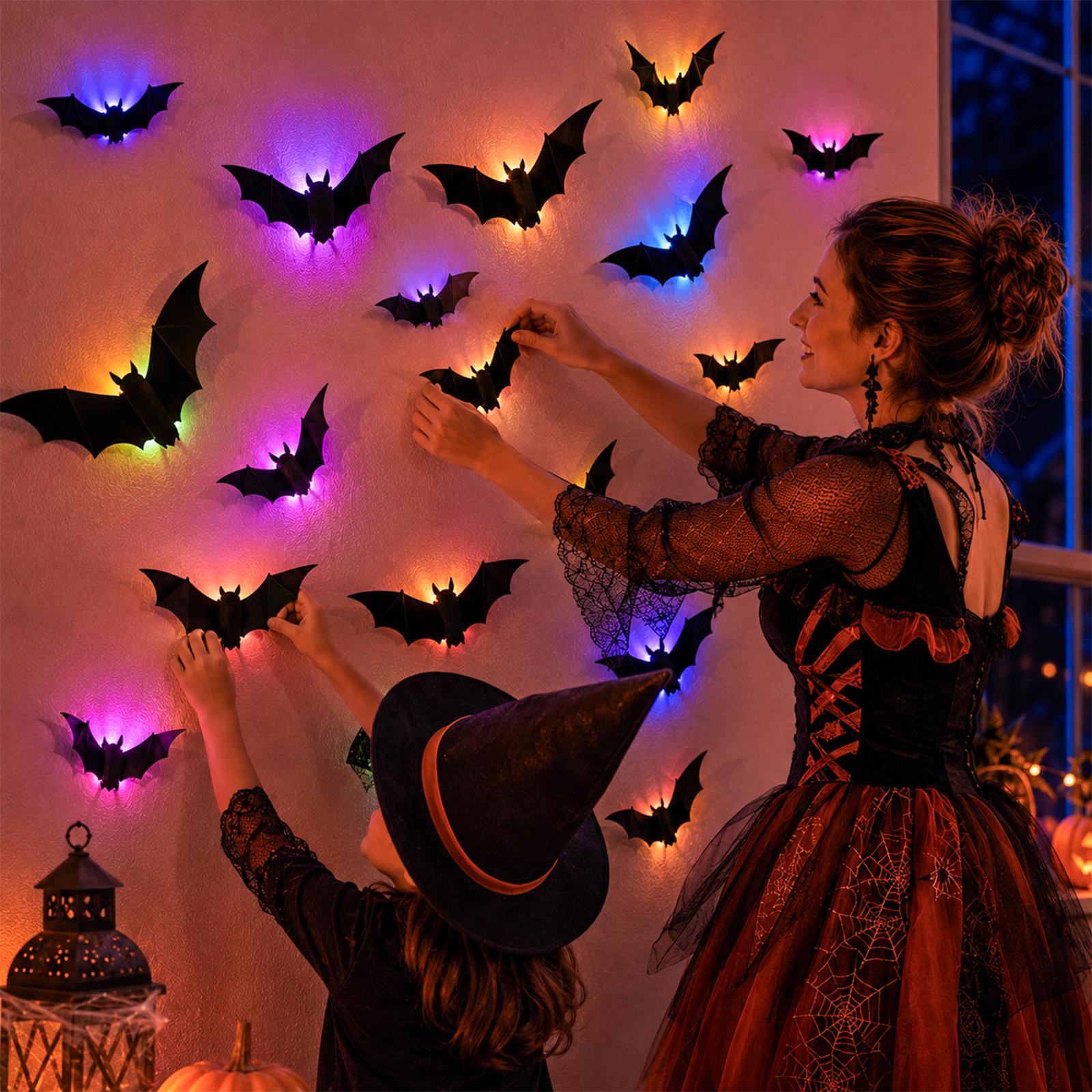 24 PCS Halloween 3D Bat Wall Decoration with 12 LED Lights, Remote Control, 13 Colors, 6H Timer, Thick PET Stickers (10 Sizes) & Painter's Tape - Halloween Decor for Walls, Windows, Creepy Vibe Parties, Led Lighting 24 PCS Halloween 3D Bat Wall Decoration with 12 LED Lights, Remote Control, 13 Colors, 6H Timer, Thick PET Stickers (10 Sizes) & Painter's Tape - Halloween Decor for Walls, Windows, Creepy Vibe Parties, Led Lighting