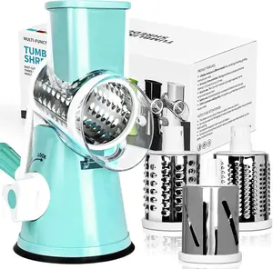 Tumb Shred 3-in-1 Rotary Food Vegetable Nuts Cheese Fruit Slicer Shredder Cutter Grater with Manual Crank Handle & Secure Suction Cup Base for Home Cooks Meal Preppers & Cooking Enthusiasts