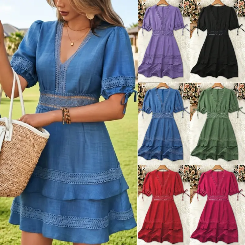Women's Dress for Sports & Outdoor Use - Short-Sleeve, V-Neck, Lace Trim, Cinched Waist, Puff Sleeves with Tie Detail, Cut-Out Design