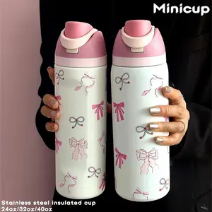 Butterfly Pattern Insulated Water Bottle, 1 Count 24oz-32oz-40oz Portable Stainless Steel Vacuum Flask with Straw, Vacuum Insulated Hydration Tumbler, Stainless Steel Thermos, Drinking Cup for Home Office, Insulated Travel Drinkware, Tumbler with Lid