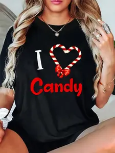 100% Cotton Unisex I Love Candy Cane Shirt for Women Kids Men Candy Cane T-Shirt，Autumn Women's T-shirt Christmas Happy Letter Snowflake Fun Pattern