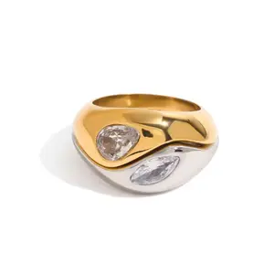 Two Tone CZ Crystal Set of Two Stacking Rings - Stainless Steel