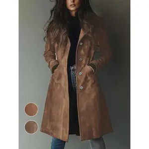 Women's Suede Coat Elegant Vintage Design Durable Material Single Button Mid-Length Commuter Outdoor Wear