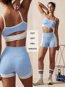 Christin Contrasting Patchwork Strips Hollow High Waist Women Sports Sets
