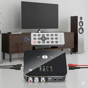 Bluetooth 5.0 NFC Audio Transmitter & Receiver, Low Latency Wireless Adapter for Hi-Res Streaming Music to Home Theater, Car Stereo, TV, Smartphone & Tablet.