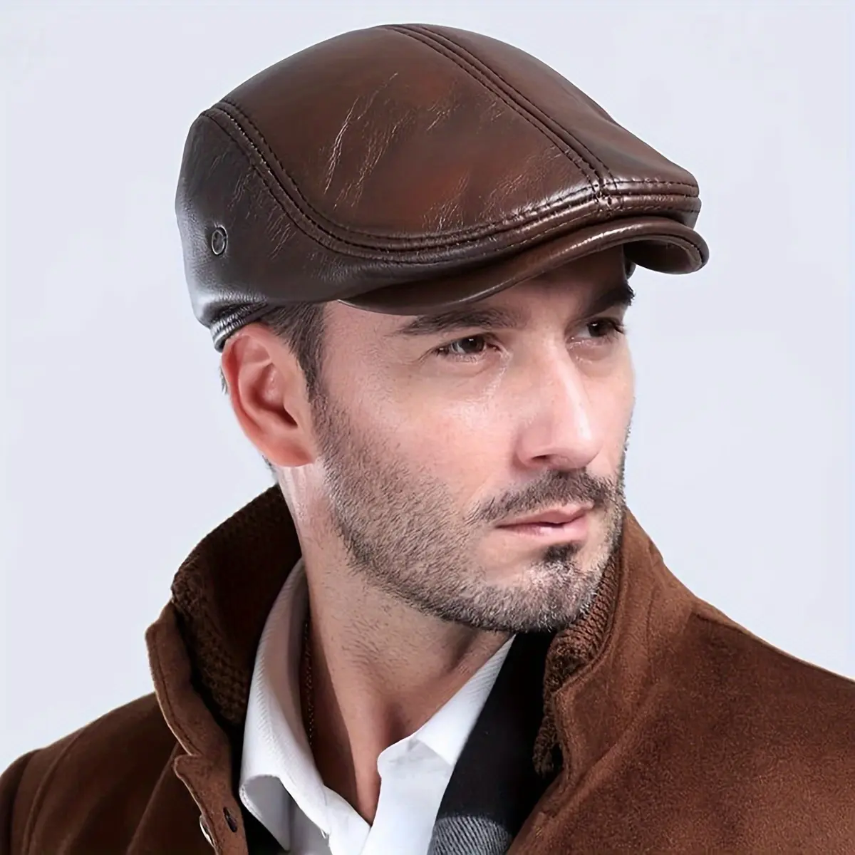 Men's p Layer Genuine Cowhide Leather Newsboy Cap, Fashionable Gatsby Ivy Driving Hunting Fishing Cap, Hand Washable, PU Coated Woven Polyester with Slight Stretch-ERH55