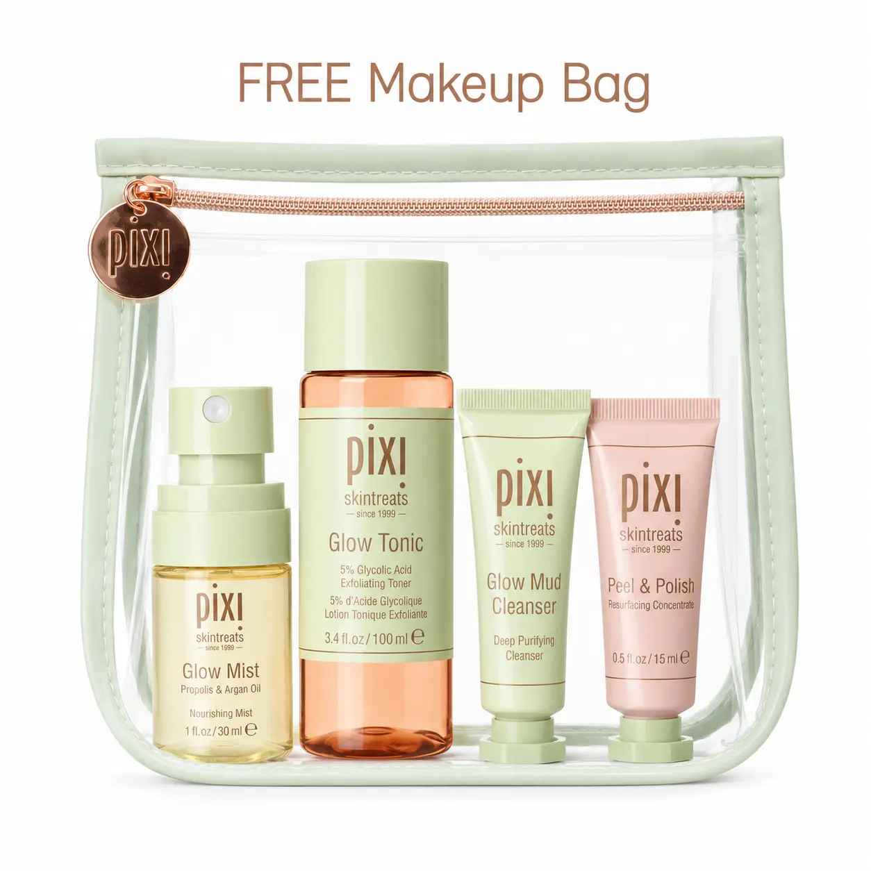 Pixi Mini Glow Routine Set with FREE Makeup Bag – Glow Mud Cleanser Mini, Peel & Polish 15ml, Glow Tonic 100ml & Glow Mist 30ml – Travel Size Radiant Skin & Glassy Glow Skincare Discovery Kit