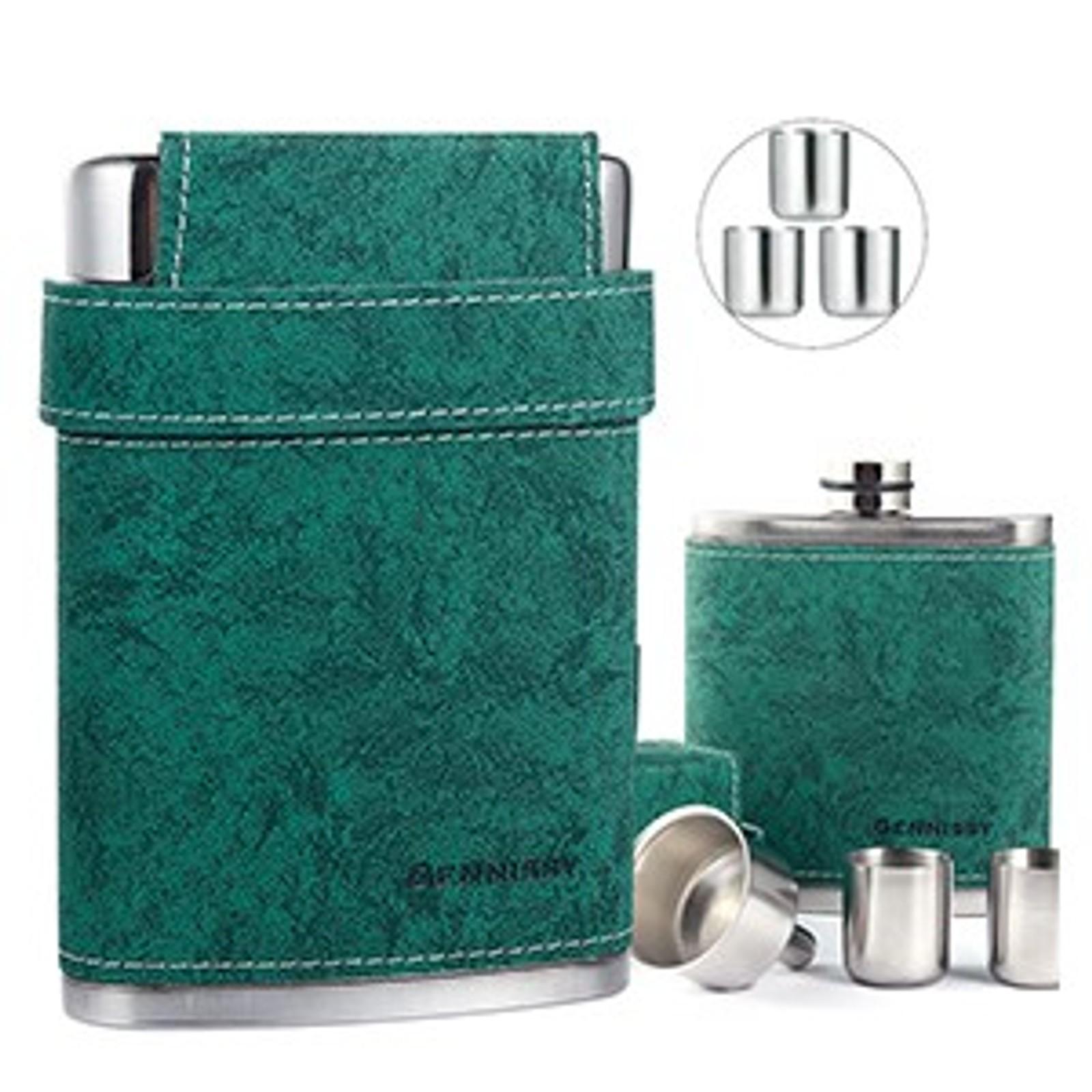 GENNISSY 8oz Hip Flask for Men - 304(18/8) Stainless Steel Bourbon Whiskey Flask, Leakproof with Brown Leather Wrap - Includes Funnel & 3 Mini Cups for Dad, Gifts, TravelGift