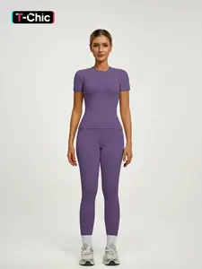 Women's Short Sleeve Yoga Set, High Waist Leggings & Tight Top Two-Piece, Gym Yoga Outfit, Ideal for Fitness, Running, Gym Workouts, Yoga Activewear, Workout Running Clothes