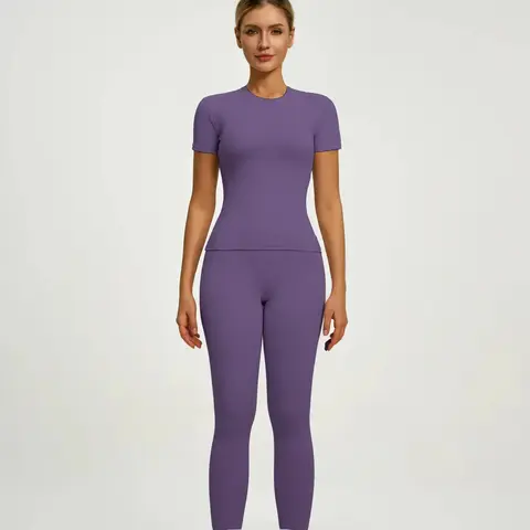 Women's Short Sleeve Yoga Set, Athletic Set, High Waist Leggings & Tight Top Two-Piece, Gym Yoga Outfit, Ideal for Fitness, Running, Gym Workouts, Yoga Activewear, Workout Running Clothes, High Stretch Activewear, Fitness Sportswear, Activewear Clothing