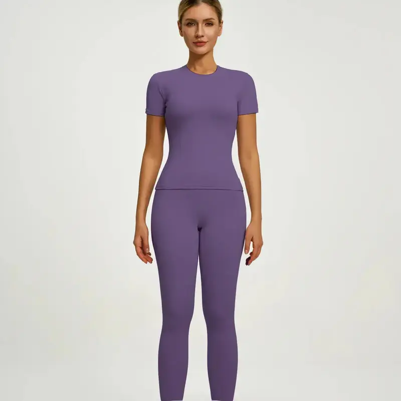 Women's Short Sleeve Yoga Set, Athletic Set, High Waist Leggings & Tight Top Two-Piece, Gym Yoga Outfit, Ideal for Fitness, Running, Gym Workouts, Yoga Activewear, Workout Running Clothes, High Stretch Activewear, Fitness Sportswear, Activewear Clothing