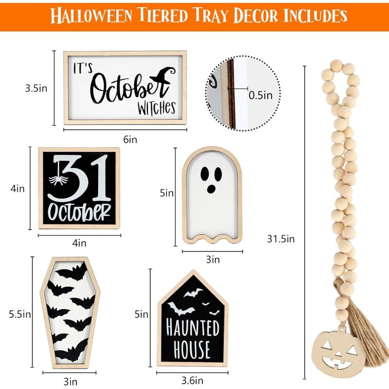 6-pcs Halloween layered tray decoration, including bat coffin, haunted house, ghost, witch, October 31st logo, bead wreath, table frame Halloween centerpiece