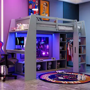 Wood Twin Size/Full Size Gaming Loft Bed with Desk Multi-storage Shelves LED & Hanging Clothes Rack Full Length Mirror 360° Swivel Jewelry Cabinet