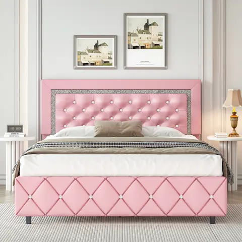 HOMBCK Diamond Tufted Adjustable Upholstered Bed Frame - Luxury Leather, Sturdy, No Mattress/Box Spring Needed, Easy Assembly, Queen/King Size, Modern Bedroom Decor Furniture, Diamond Tufted Headboard, Adjustable Upholstered Headboard