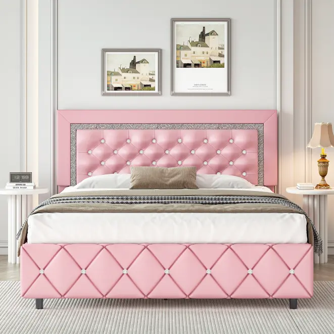 HOMBCK Diamond Tufted Adjustable Upholstered Bed Frame - Luxury Leather, Sturdy, No Mattress/Box Spring Needed, Easy Assembly, Queen/King Size, Modern Bedroom Decor Furniture, Diamond Tufted Headboard, Adjustable Upholstered Headboard