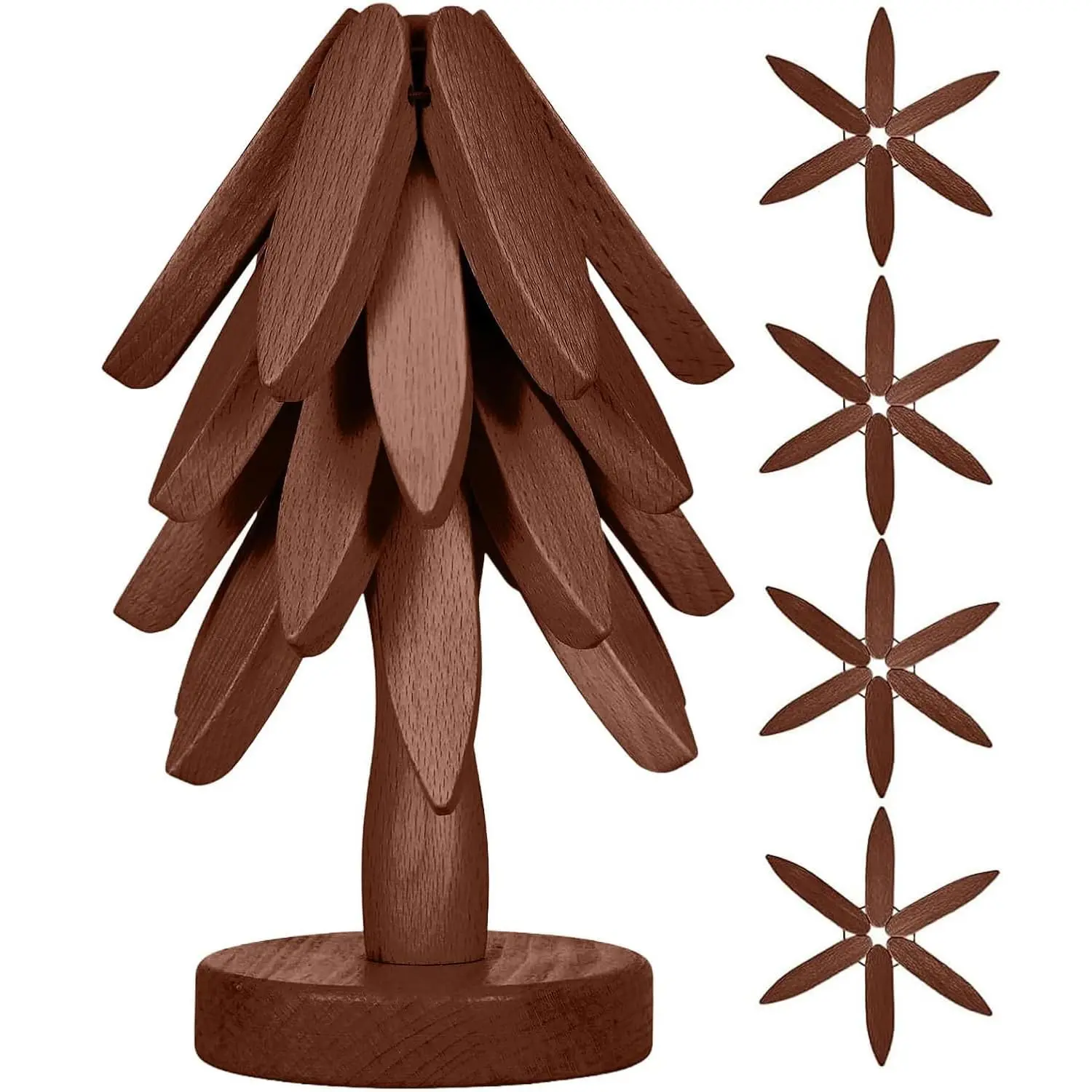 Natural Tree Trivet Set - 4 Wooden Trivets & 1 Stand - Heat-Resistant Foldable Design - Durable Solid Wood - Ideal for Hot Dishes Pots Bowls Teapots - Kitchenware Tableware Coasters