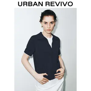 URBAN REVIVO Women's Minimalist Knit Short-Sleeve Polo T-Shirt (UWM950057) - Solid Color Basic Elegant Versatile Lady Top, 2025 Women's Clothes, Casual Shortsleeve Womenswear Top