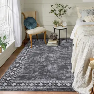 Garvee Washable 5x7 Rugs for Living Room Non-Slip Vintage Border Indoor Accent Rugs Low Pile Soft Bedroom Rug Non-Shedding Modern Solid Floor Mat for Dining Farmhouse Office, Grey