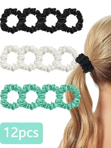 12pcs satin solid color scrunchy hair ties, Hair scrunchies, high elasticity without damaging hair, black, white, suitable for semi tied hair, high/low ponytail, New Year's gift, daily casual hair accessories