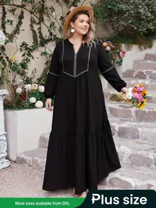 Plus Size Women's Bohemian Long Dress, Elegant Holiday & Daily Wear, Autumn Winter Fashion, Ethnic Style Maxi Dress