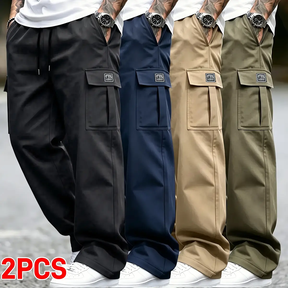 Men’s solid-color cargo work pants, 2-pack, durable outdoor training pants available in multiple colors—ideal for outdoor activities, work, hiking, and camping.