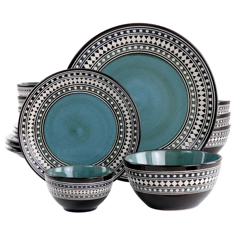 Elama Blue Sage 16-Piece Double Bowl Stoneware Dinnerware Set