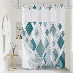 No Hook Shower with Snap in Liner, Geometric Shower Curtains and Liner Set for, Hotel Bath with Mesh Window, Waterproof Washable, Teal 71" x 74"