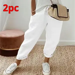 Women's Cotton Linen Solid Color Casual Jogger Pants Elastic Waist Drawstring Lounge Pants